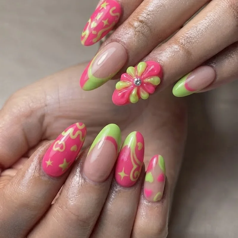 Hot pink and lime green colorful y2k nails with chunky floral accent nail in almond shape