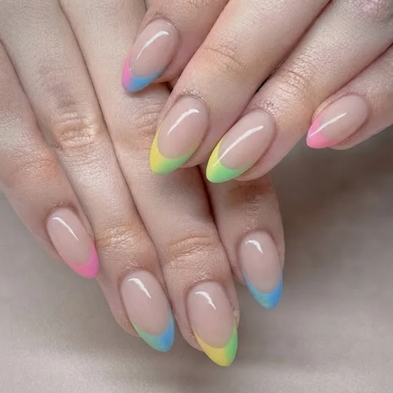 Multicolor gradient french tip colorful y2k nails with two-tone smile lines blending across set
