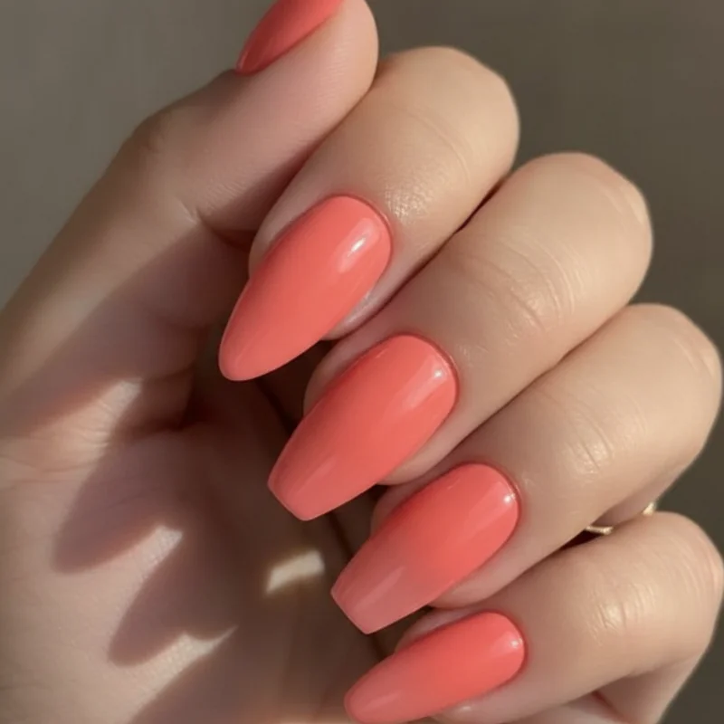 Coral nail finish comparison four hands with matte glossy jelly and ombre coral polish on matching medium warm skin tones