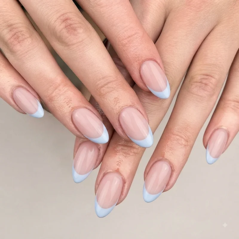 Pastel coloured French tip on almond nails offering a cute twist on the classic design