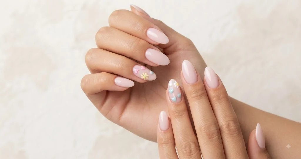Cute almond nail designs featuring pastel hearts and daisy accents on soft pink base
