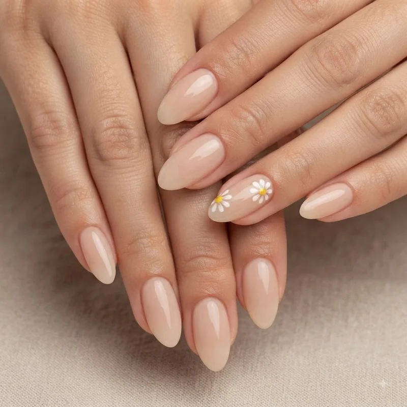 Daisy floral accent on sheer nude almond nails for a fresh cute nail design