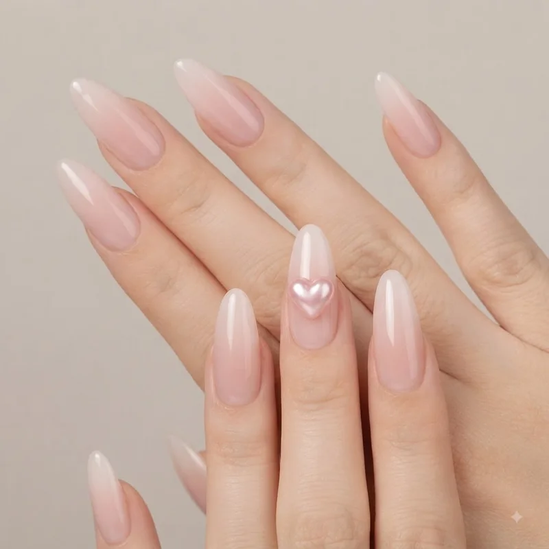 Heart accent nail on milky pink almond base for a coquette-inspired cute nail look
