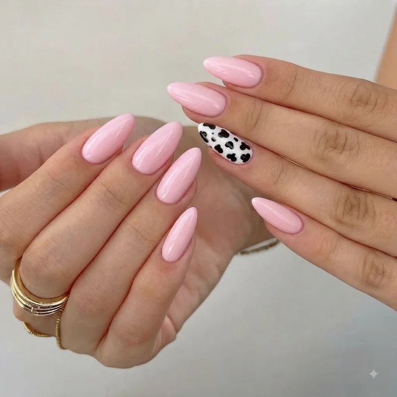 Miniature animal print accent nail on pastel almond base for a playful cute nail design