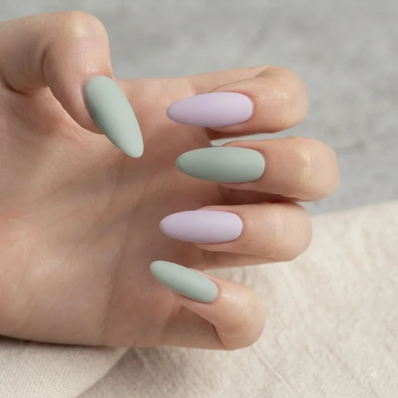 Soft pastel lilac and sage almond nails showing a huggable cute color palette