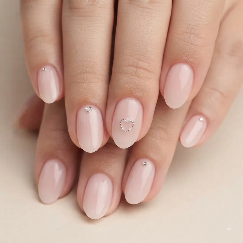 Short almond nails with a scaled down heart accent showing cute designs work at any length