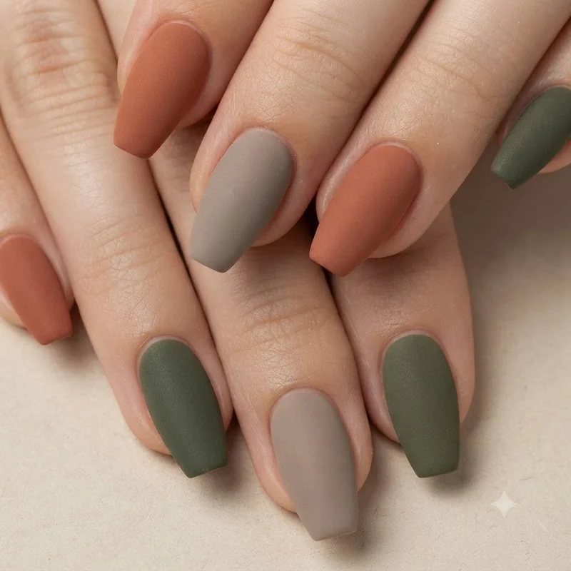 Clay moss and terracotta earth tone dip nail colors 2026 manicure on coffin shape nails