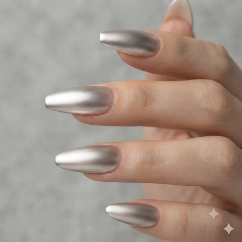 Close up of diffused soft chrome dip nail finish defining dip nail color trends 2026 on coffin shape