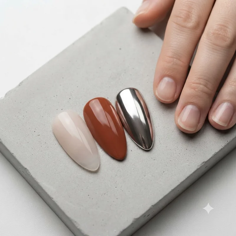 Dip nail colors 2026 flat lay of milky neutral, earth tone, and chrome dip powder swatches together