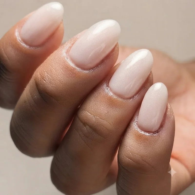 Milky sheer dip nail colors 2026 manicure with subtle shimmer on almond shape natural nail bed