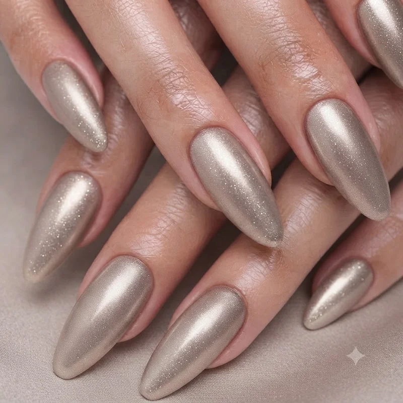 Soft chrome and shimmer dip nail colors 2026 catching light on coffin shape manicure