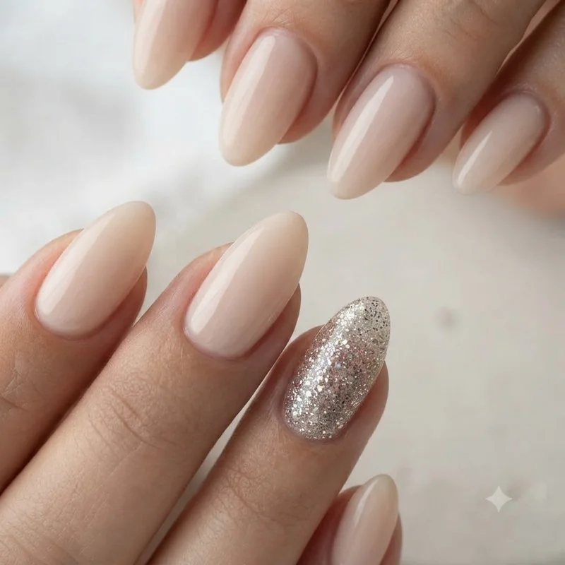 Almond and coffin shaped dip powder manicure showing tapered length detail in neutral tone