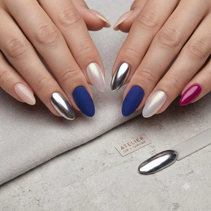 Full glitter dip nails set in coffin shape shown wide angle catching studio light sparkle