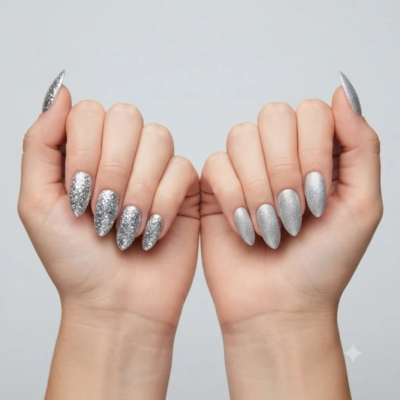 Gold toned glitter dip nails manicure shown on a hand with warm undertone skin