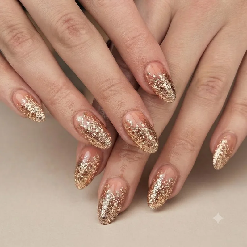 Neutral nude base with fine glitter overlay dip nails everyday wearable sparkle manicure