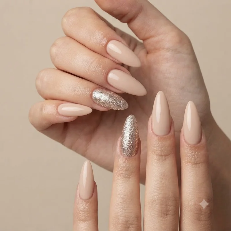 Silver holographic glitter dip nails manicure shown on a hand with cool undertone skin