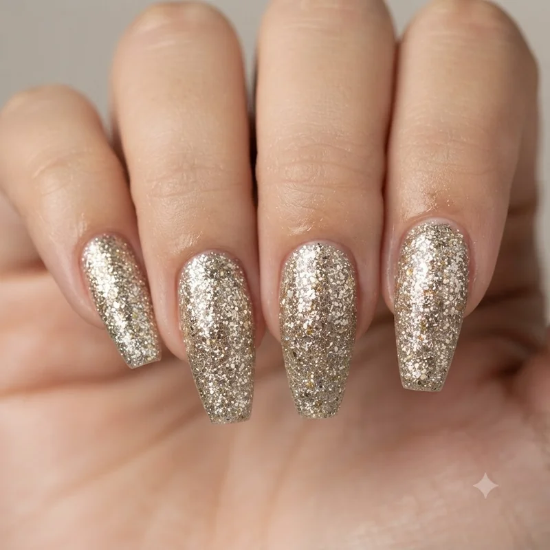 Single glitter accent nail among neutral nude dip powder set on one hand