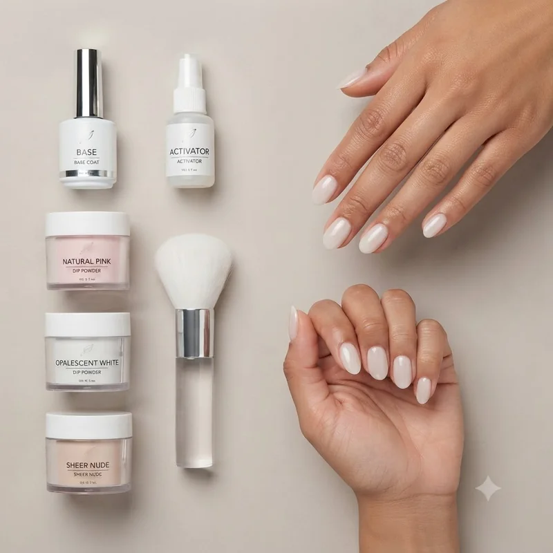 Everyday hand shot of a finished dip powder manicure in soft pink while holding a coffee cup