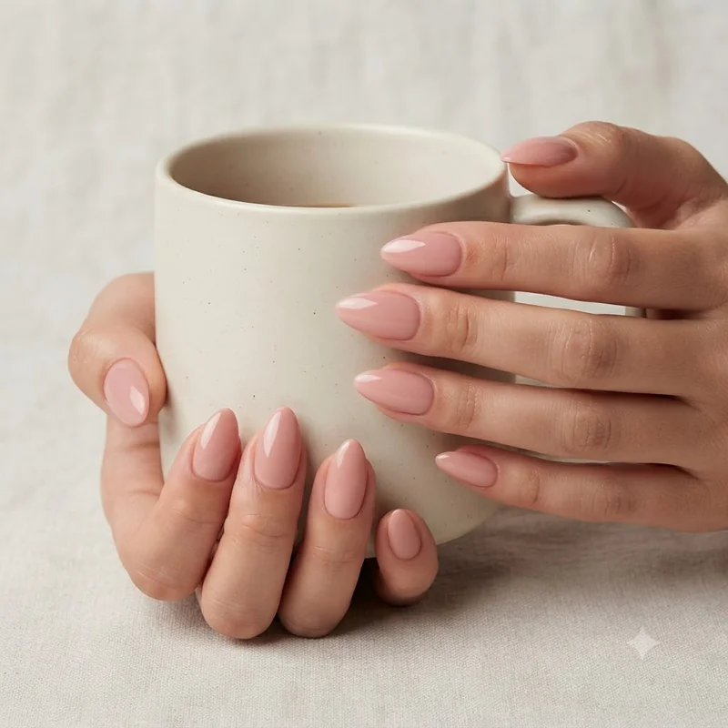 Close-up of a finished glossy dip powder manicure in a soft nude pink shade with high shine top coat