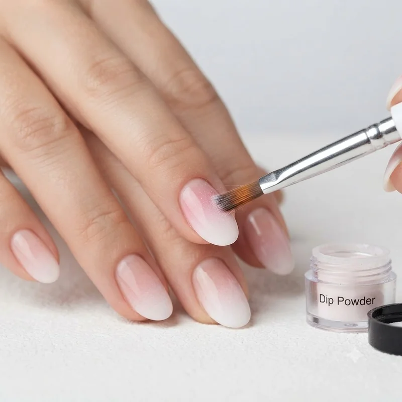 Close-up of an ombre brush blending dip powder into a pink to white gradient mid-application on a nail tip