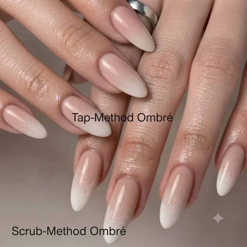Tap method versus scrub method ombre dip nail comparison showing two different gradient finishes side by side on nails