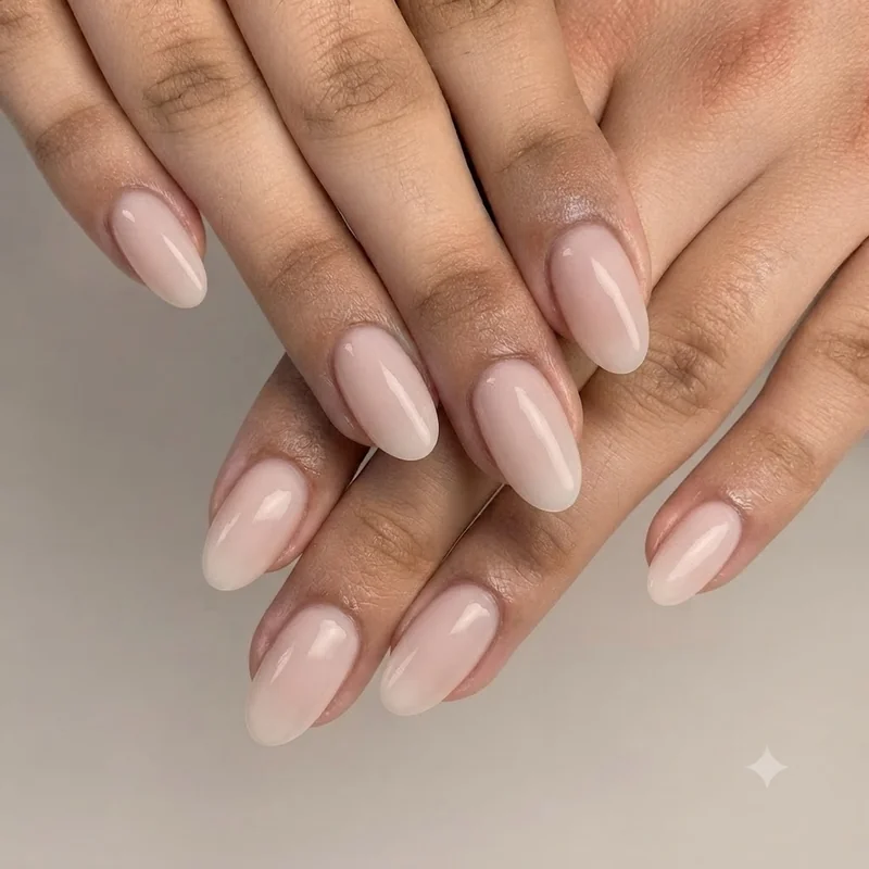 Sheer blush short oval dip nails styled for a soft, low contrast office appropriate manicure