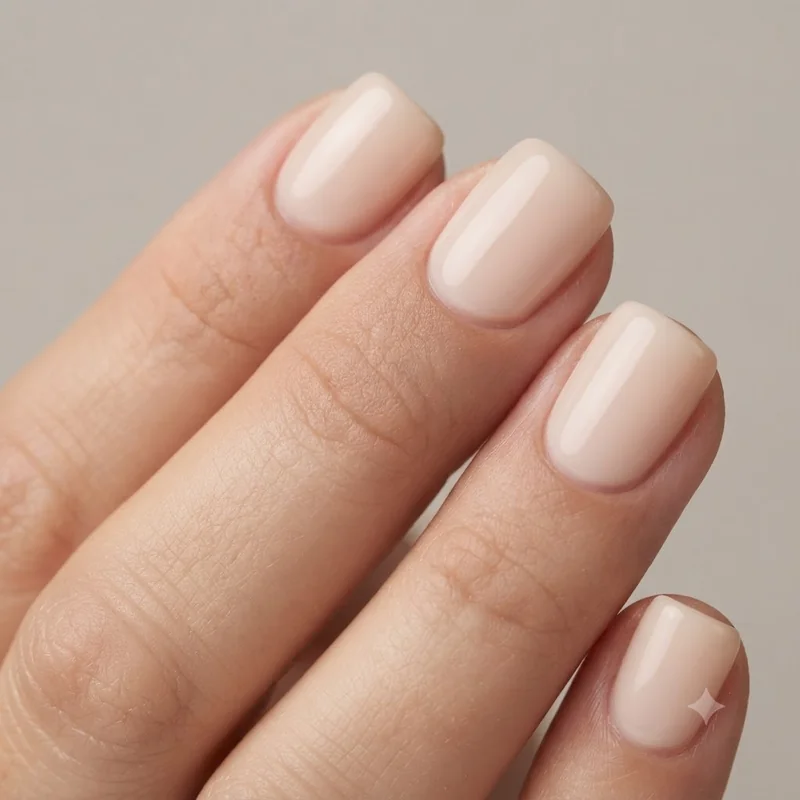 Milky nude short dip nails with a glossy finish styled for an everyday, low maintenance look