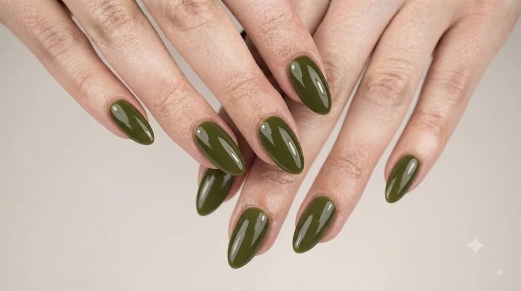 Dirty martini nails in glossy olive green polish shown as a chic 2026 manicure trend