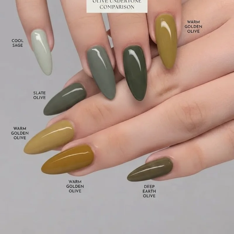 Infographic comparing olive nail polish shades for cool versus warm skin undertone matching