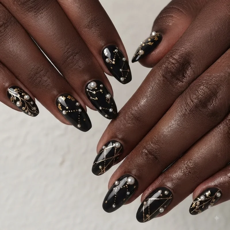 Glossy dark coffin shaped nails with pearl and gold detailing for a dressy cruise evening