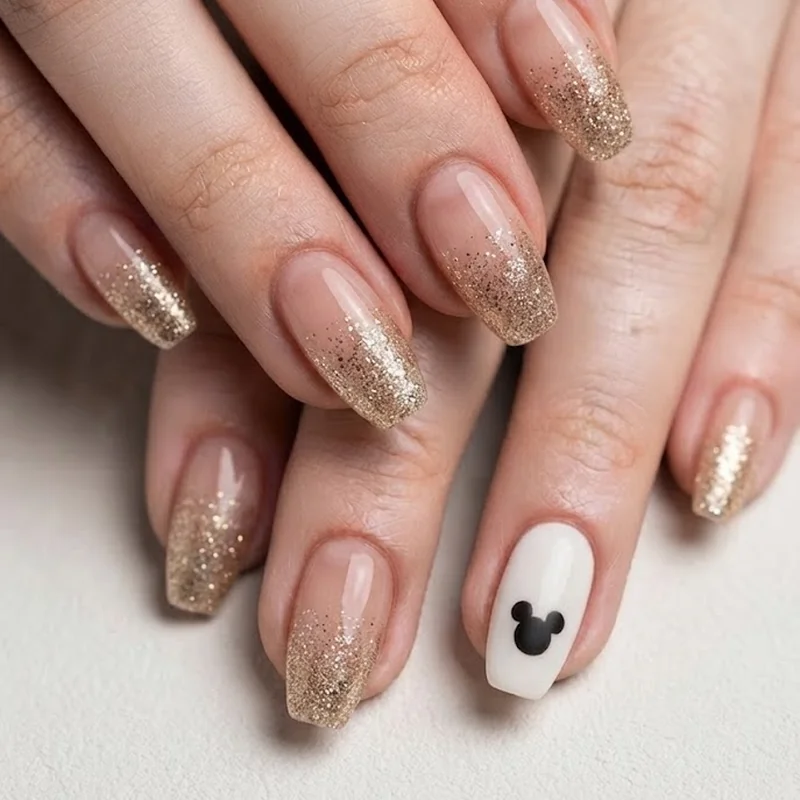 Gold glitter gradient nails with a small white Mickey silhouette accent for cruise embarkation
