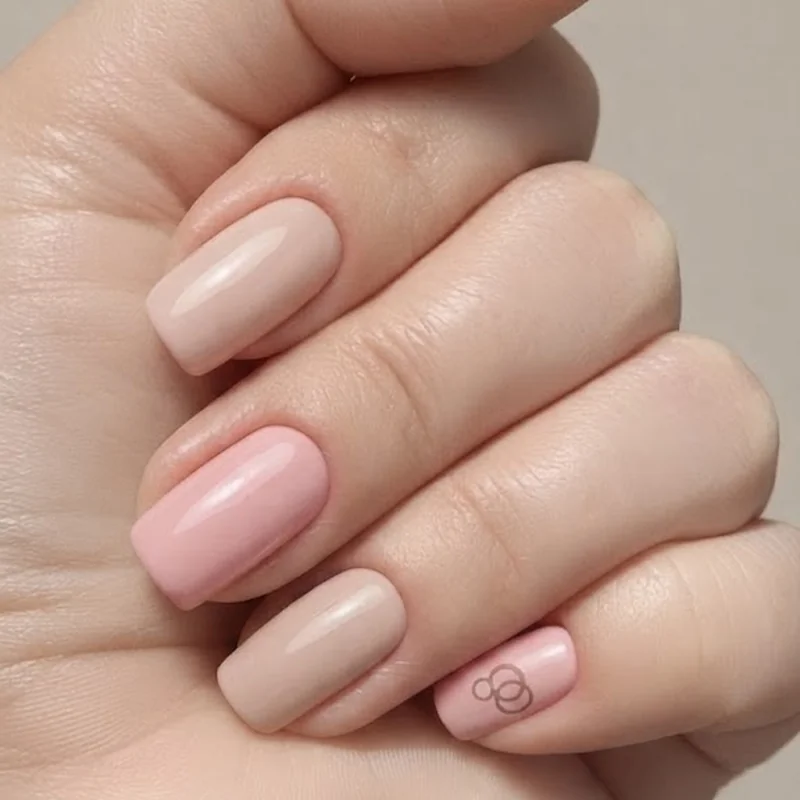 Minimal nude and soft pink manicure with one small Mickey ears accent nail detail