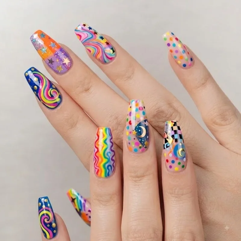 Maximalist Disney nail set with bright colors and multiple characters on coffin shape nails