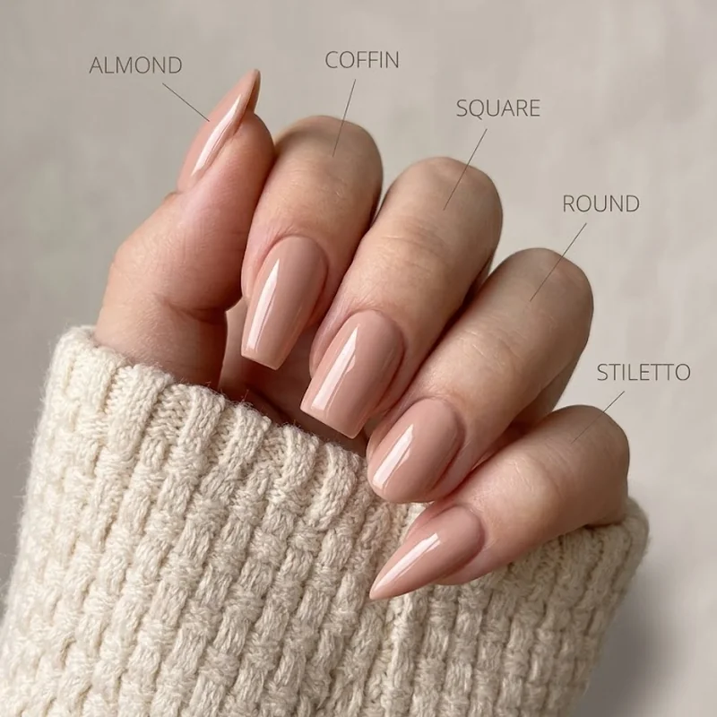 Infographic comparing almond coffin square round and stiletto nail shapes for Disney nail designs