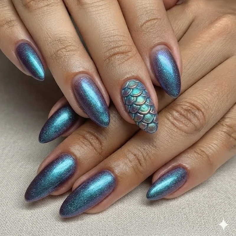 Moana-inspired ocean turquoise and sand almond nails with coral shell motif accent nail detail