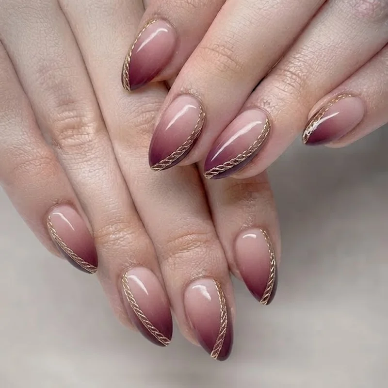 Anna inspired frozen nails warm rose plum gradient with braided gold line accent
