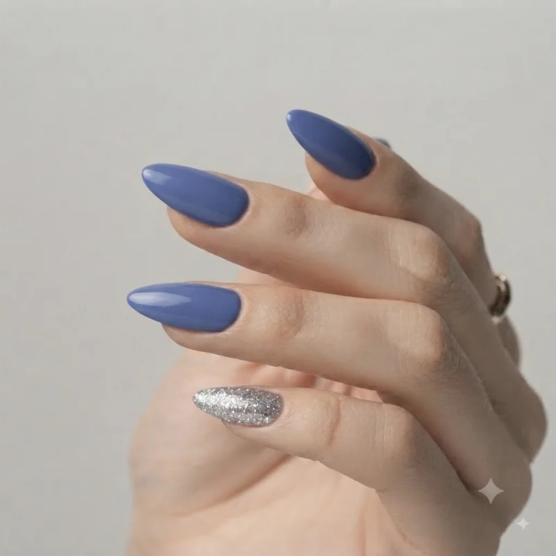 Short disney nails in Cinderella periwinkle blue with silver glitter accent nail