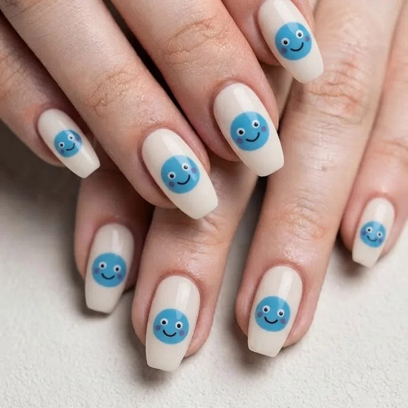 Short stitch nails on square almond shape with simplified rounder face for kids