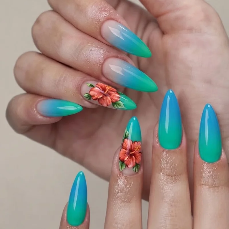 Tropical stitch nails with hibiscus flower accent on ombre blue green base