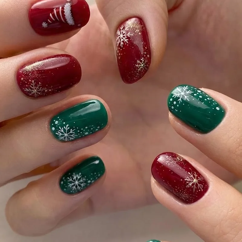 Holiday stitch nails with Santa hat character design and snowflake accents on festive base