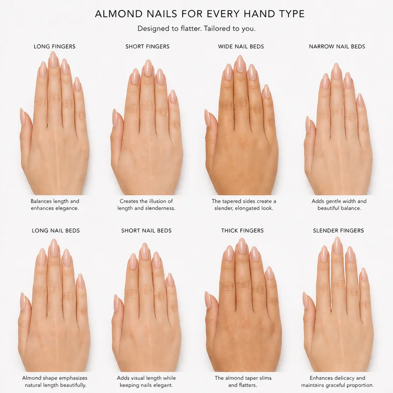 Almond nail flattery reference showing hand type matrix by finger length and nail bed width with verdict guide for choosing the right almond length