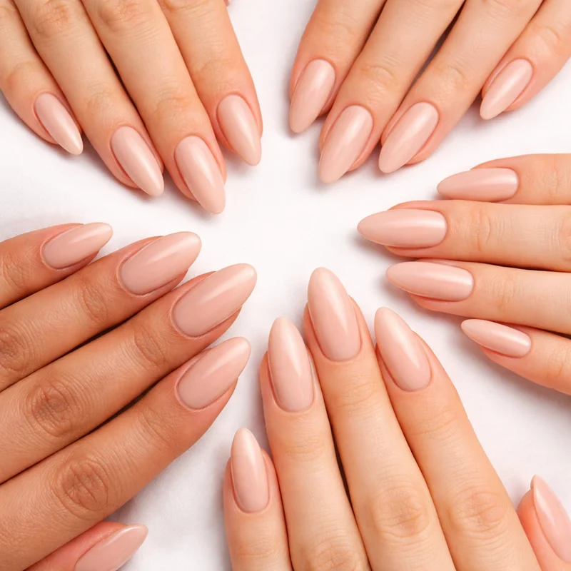 Do almond nails suit me guide showing the almond shape worn across varied hand types and finger lengths for honest flattery comparison