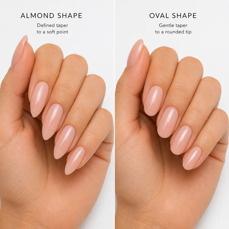 Almond versus oval nail shape comparison showing taper depth and tip narrowing difference for understanding flattery effect on different finger types