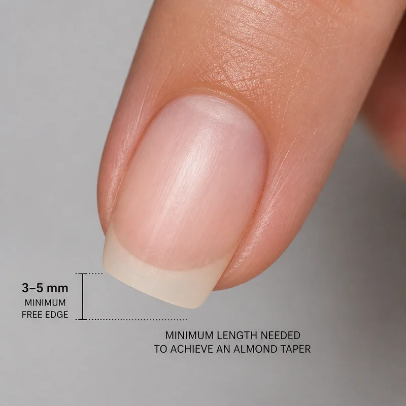 Natural nail showing free edge length measurement of 3 to 5 millimetres required for almond shape taper to read correctly beyond the fingertip