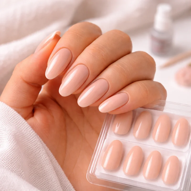 Medium-length press-on almond nails applied to hand showing how to preview the almond shape on your own fingers before committing to a gel or acrylic salon set