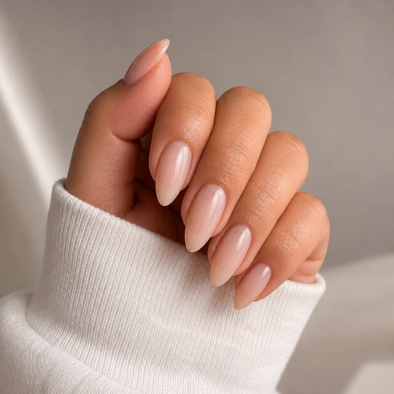 Short fingers wearing mid-length almond nails showing the elongating taper effect and upward visual pull that makes almond flattering for shorter finger types
