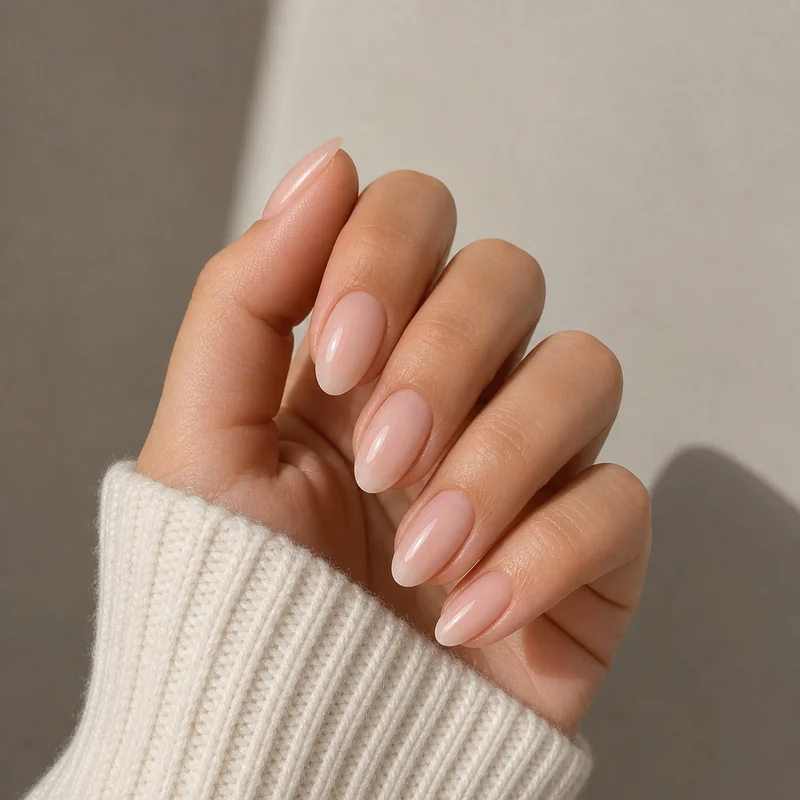 Small hands wearing short almond nails showing proportional balance and polished finish without overwhelming the hand with excessive nail length