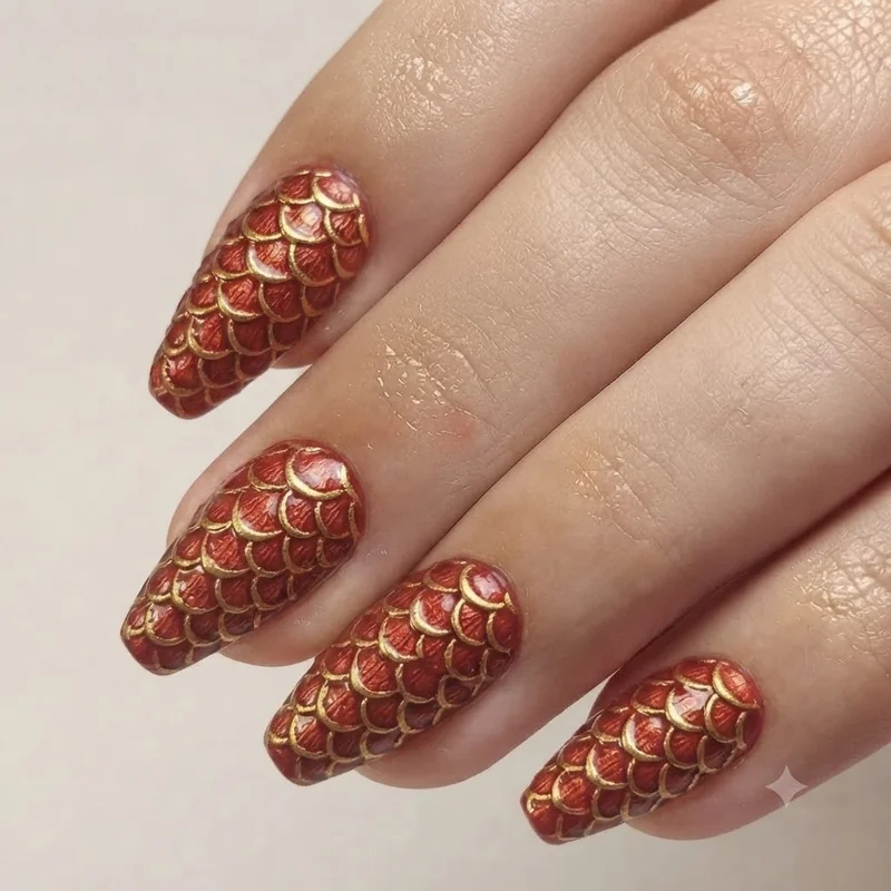 Bold dragon nail design in red and gold scale detail on a long coffin shape manicure for 2026