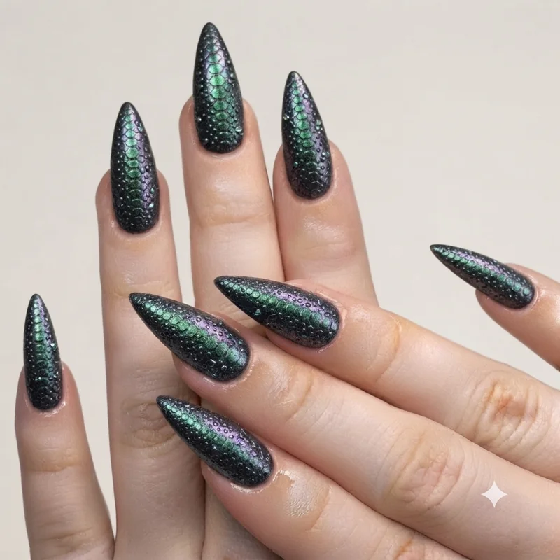 DIY dragon nail technique showing chrome powder application with dotting tool