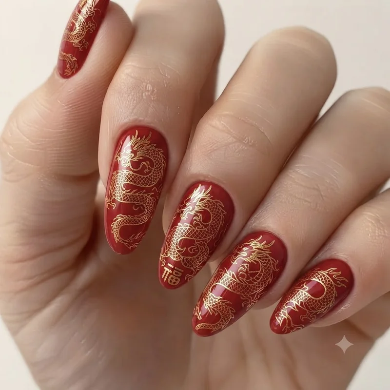 Chinese dragon nail art in red and gold for Lunar New Year celebration manicure